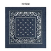 Dark blue square bandana scarf with white paisley embroidery and a central square design