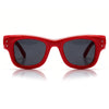 A pair of classic red puffer square sunglasses with dark lenses shown against a white background.