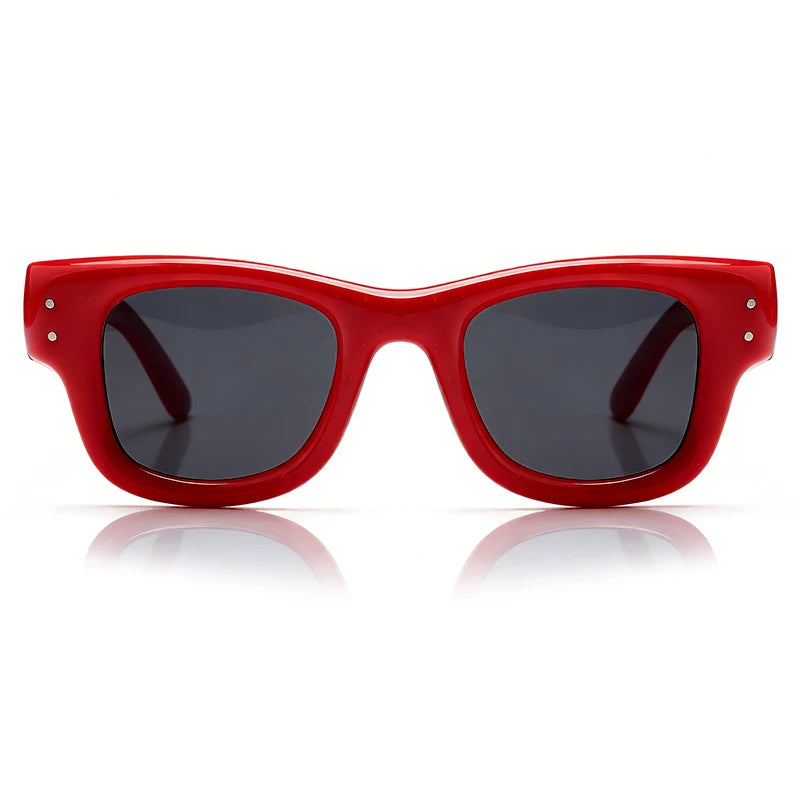 A pair of classic red puffer square sunglasses with dark lenses shown against a white background.