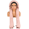 A model is wearing a pink long hair sleeping bonnet set with a black headband.