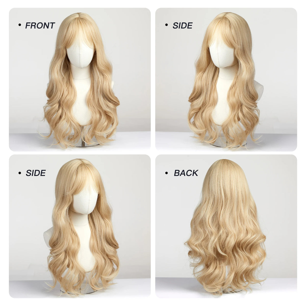 A Sandy Blonde golden wavy cosplay wig with long bangs shown from front and side angles.