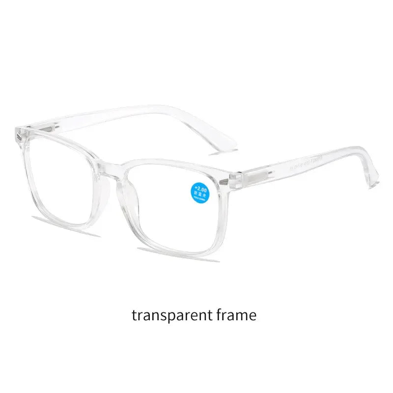 Un par de gafas con montura transparente y un detalle celeste en la patilla.