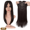 A long, straight black hair extension with a curved bang section shown on a mannequin head.