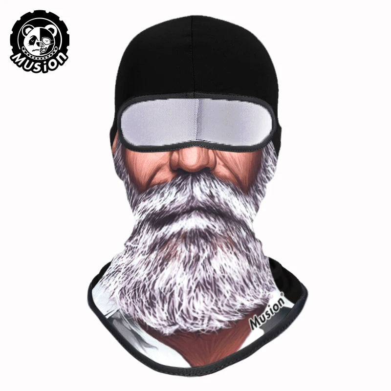 A black full face balaclava helmet liner featuring a realistic gray beard and mustache.