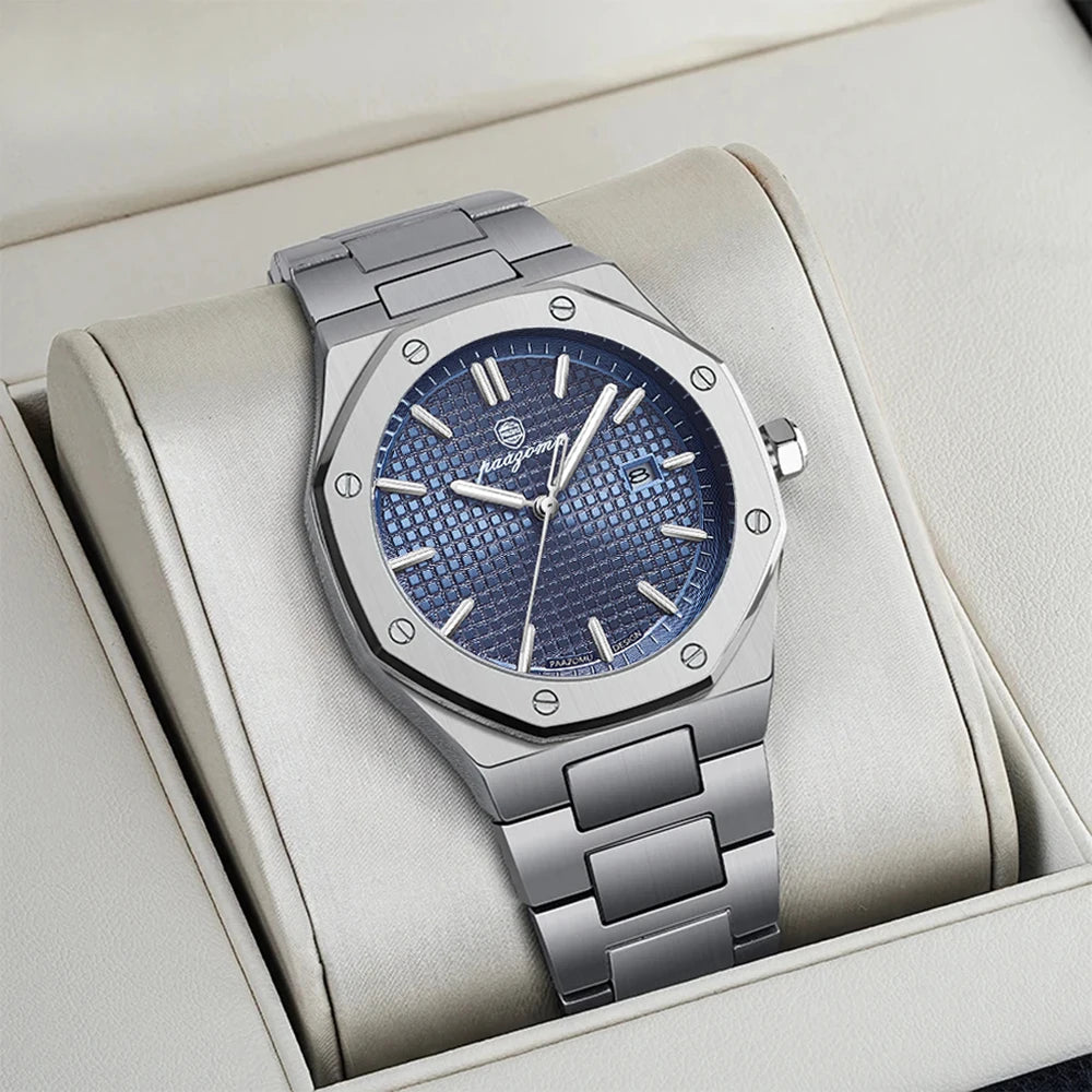 A silver-toned luxury square quartz men's watch is displayed in a light-colored box.