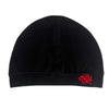 Black Y2K style skull beanie hat with a red embroidered design