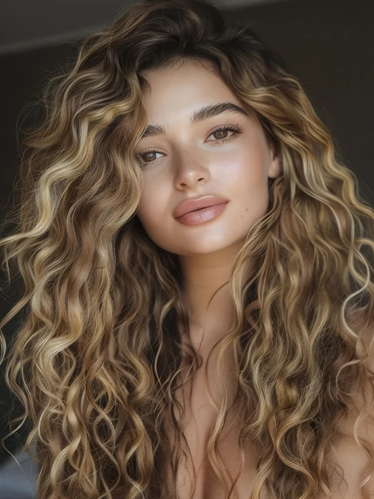 A woman with long, wavy blonde hair models 4 pack synthetic hair extensions for curly and wavy hair.