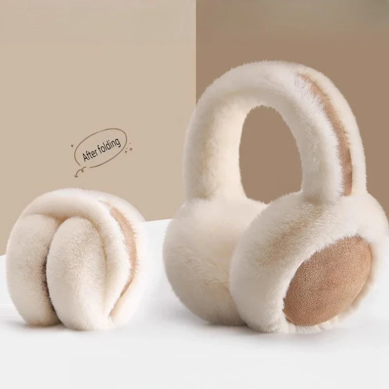 A pair of classic winter ear muffs with light beige fur and tan accents shown after folding.