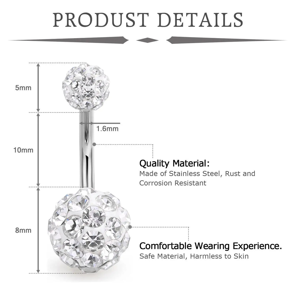 A silver belly button piercing kit featuring a stud and a barbell, made of stainless steel.