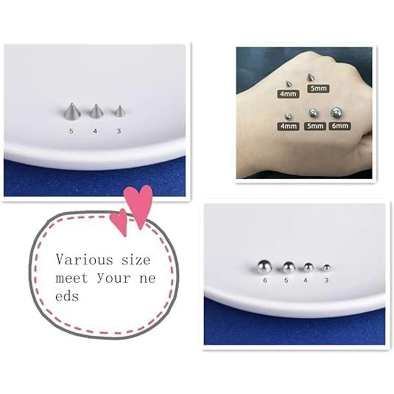 Close-up images showing various size replacement fake eyebrow and lip labret studs for piercing.