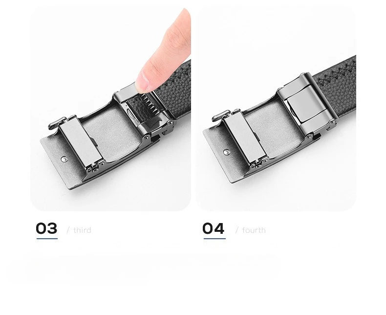 Close-up view of a black luxury PU leather men's belt with an automatic buckle, shown in three stages.
