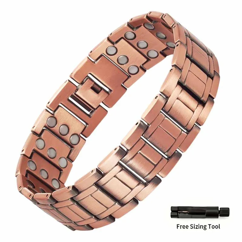 A copper magnetic bracelet set with a textured band and a free sizing tool.
