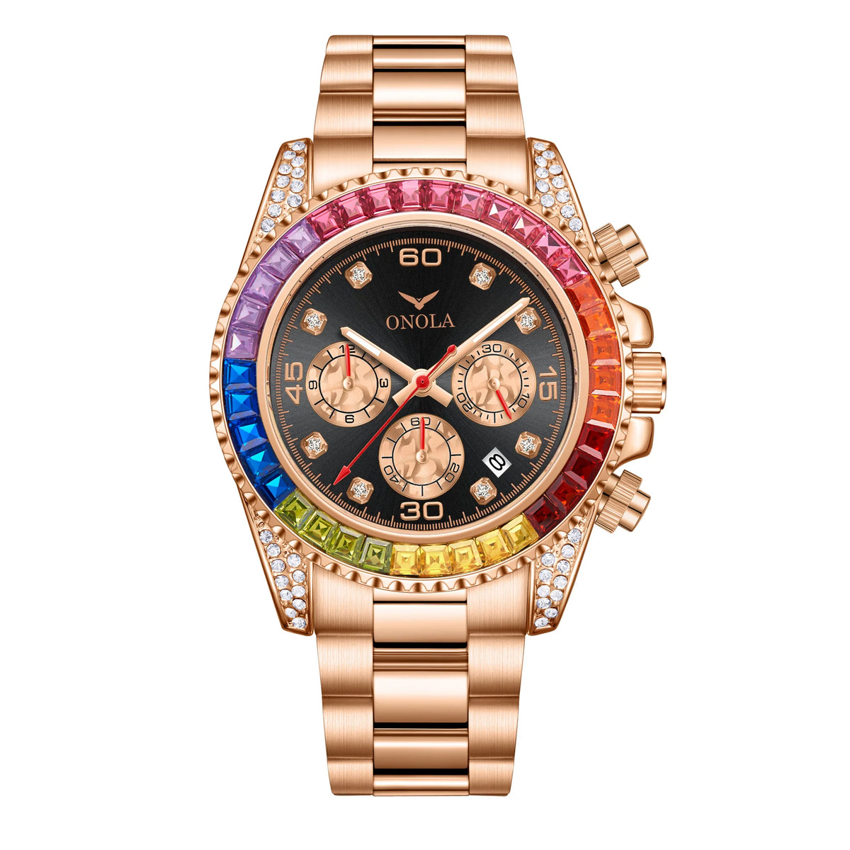 A rose gold men's quartz watch with a black dial, pink and blue accents, and diamond-set bezel.