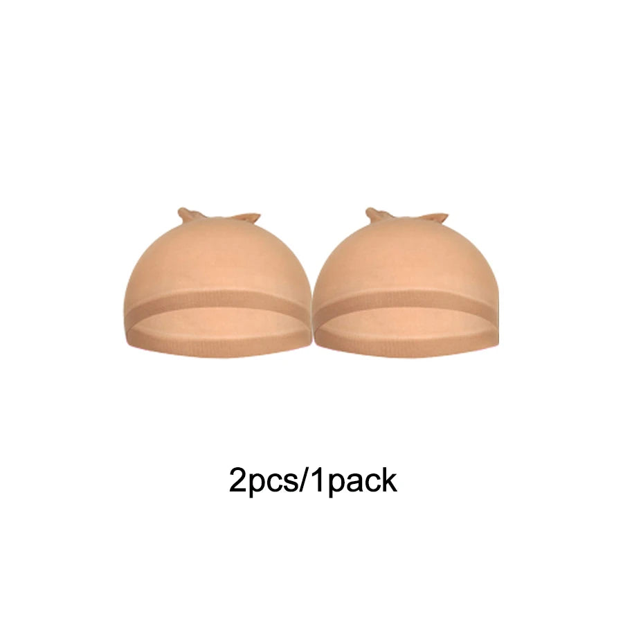 A pair of peach-colored stretch mesh wig caps for hair netting, packaged as 2 pieces per pack.