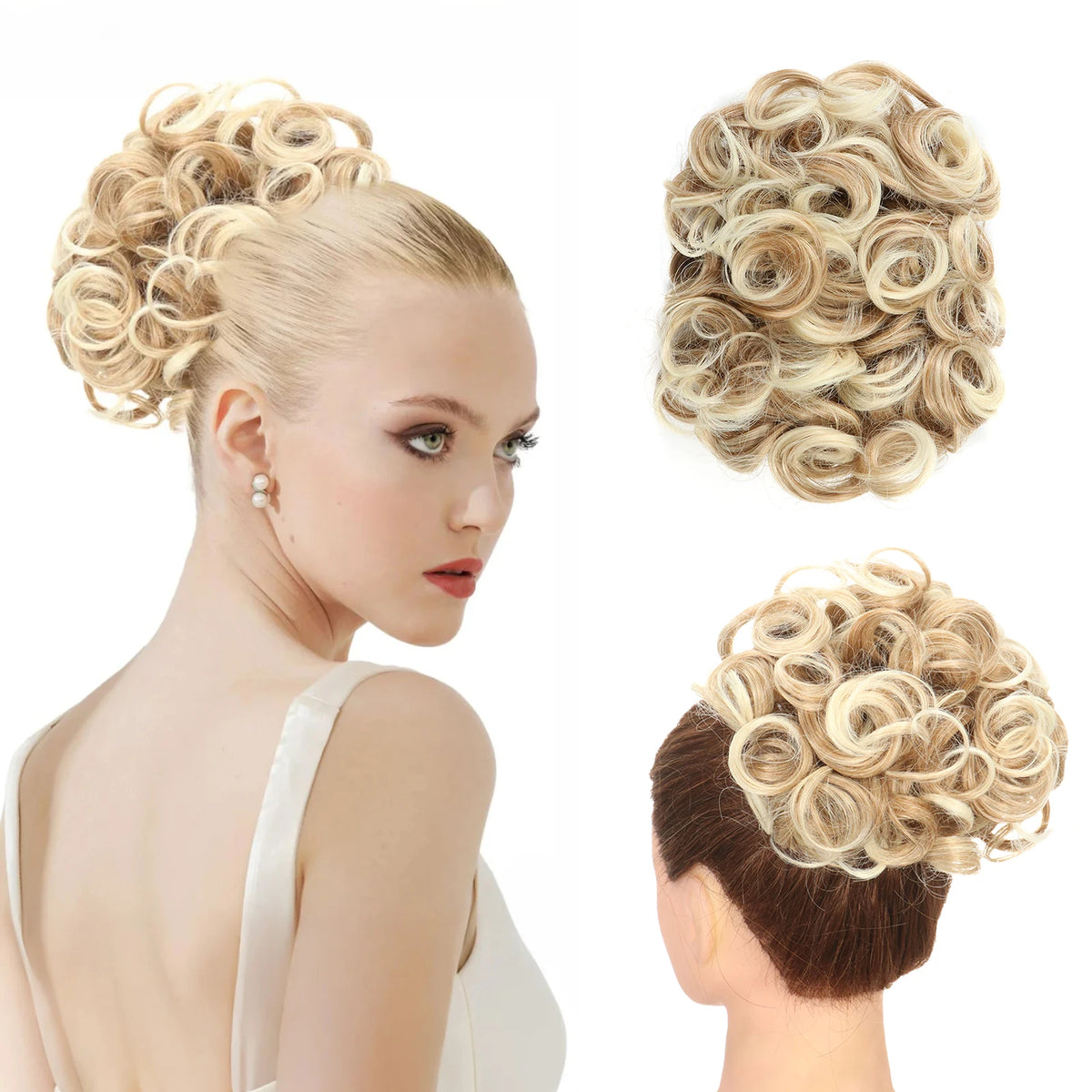 A woman shows off a blonde synthetic curly chignon hairstyle with loose curls and volume.