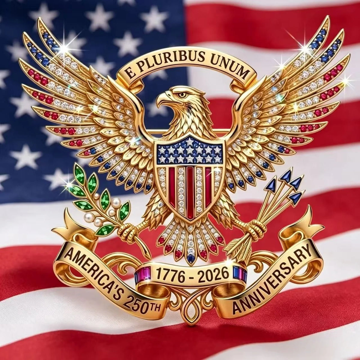 Pin de solapa dorado con un águila y elementos patrióticos celebrando el 250 aniversario de Estados Unidos.