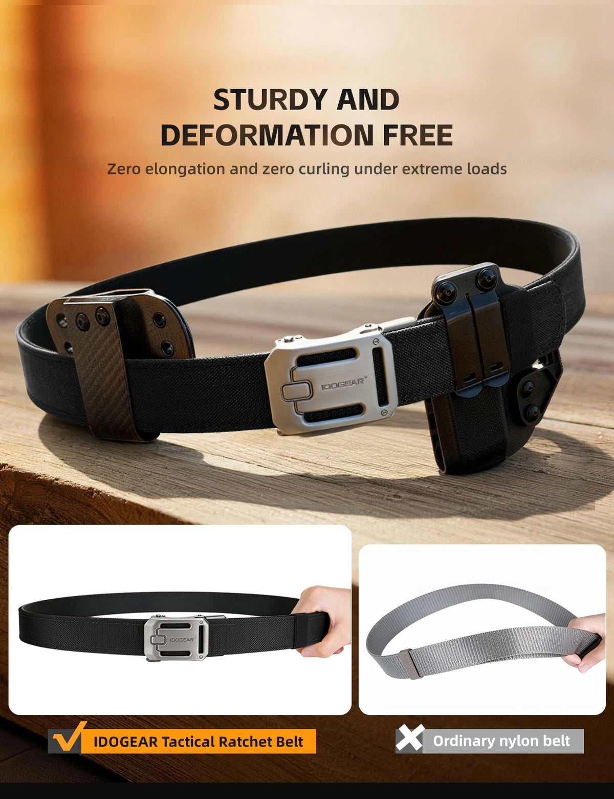 Ceinture à molette tactique noire sur une surface en bois, mettant en valeur sa conception solide et sans déformation.