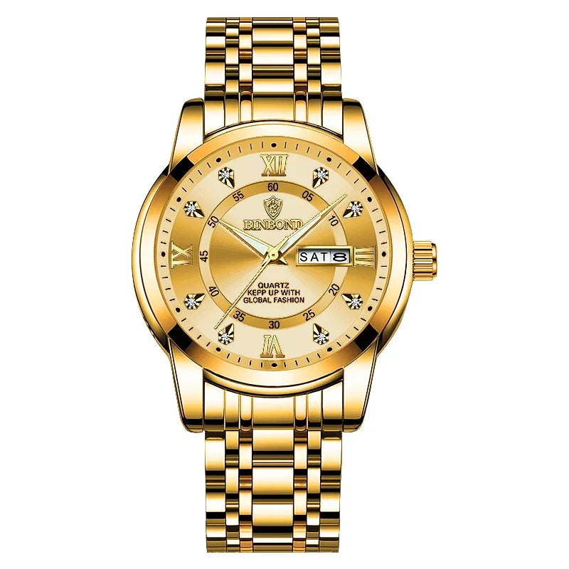 Reloj de cuarzo masculino de lujo en tono dorado con pulsera de metal y características luminosas.