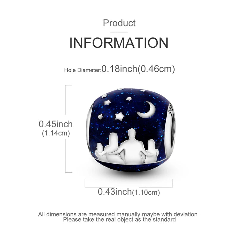A sterling silver charm featuring a blue moon and stars design with a hole diameter of 0.18 inches.