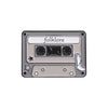 A silver enamel pin brooch shaped like a cassette tape with the word folklore written on it.