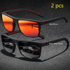 A pair of red mirror sunglasses and a black red frame sunglasses are displayed on a dark background.