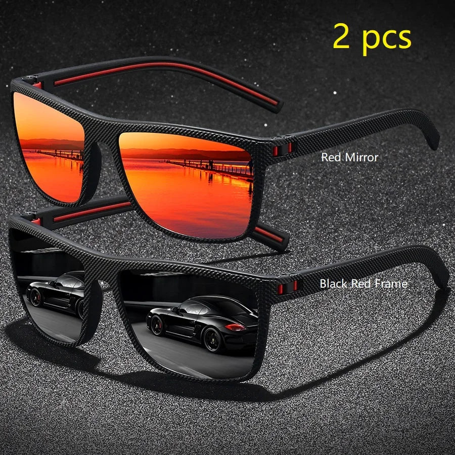 A pair of red mirror sunglasses and a black red frame sunglasses are displayed on a dark background.