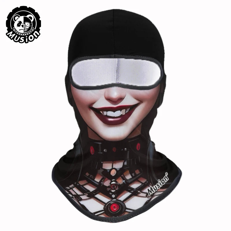 Black full face balaclava helmet liner with a clear visor and decorative pattern