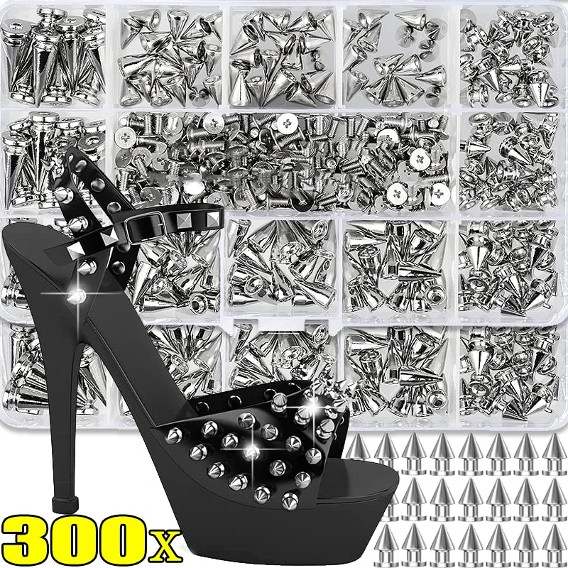 A black high-heeled shoe decorated with silver bullet rivets and a grid of similar rivets for DIY crafting.