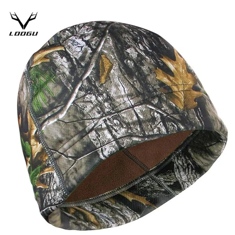 A camouflage thermal beanie featuring a dark green and brown leaf pattern for outdoor activities.