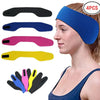 A woman is wearing a blue adjustable swimming headband with multiple color options displayed below.