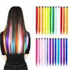 A collection of five long straight synthetic hair extensions in various vibrant colors displayed vertically.