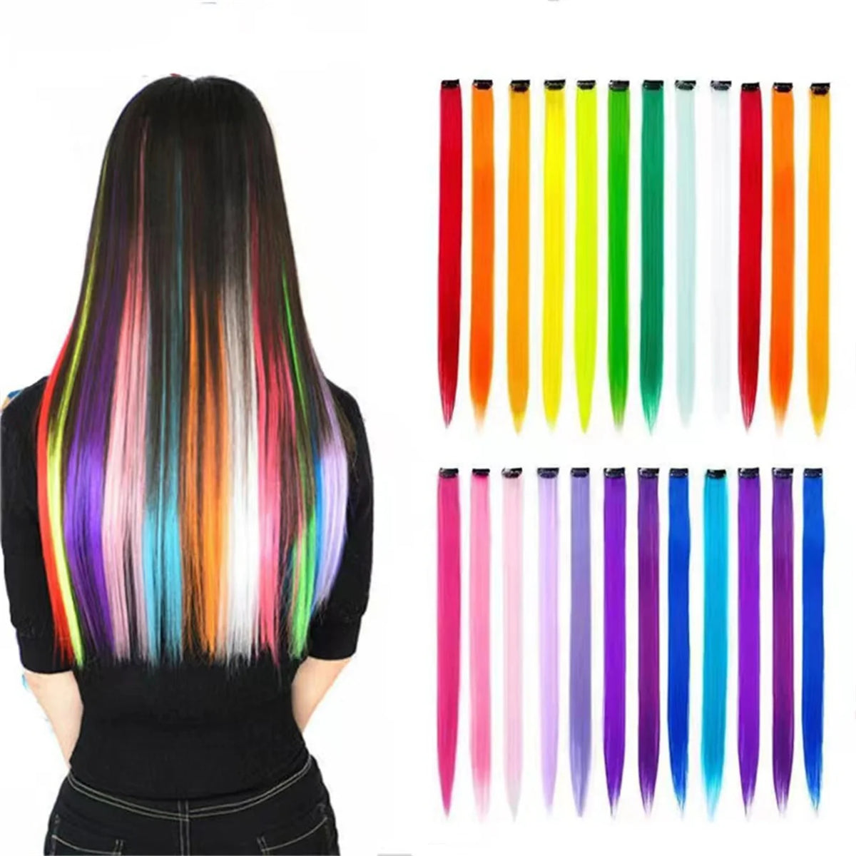 A collection of five long straight synthetic hair extensions in various vibrant colors displayed vertically.