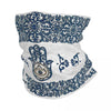 Blue and white patterned bandana neck gaiter featuring a decorative hamsa hand design
