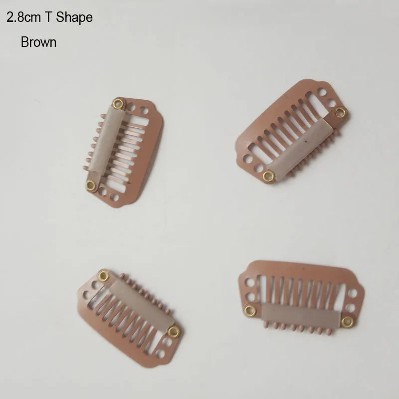 A set of brown T-shaped precision hair extension clips.
