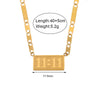 A gold-plated rectangle pendant necklace with the time 11:11 engraved on it.