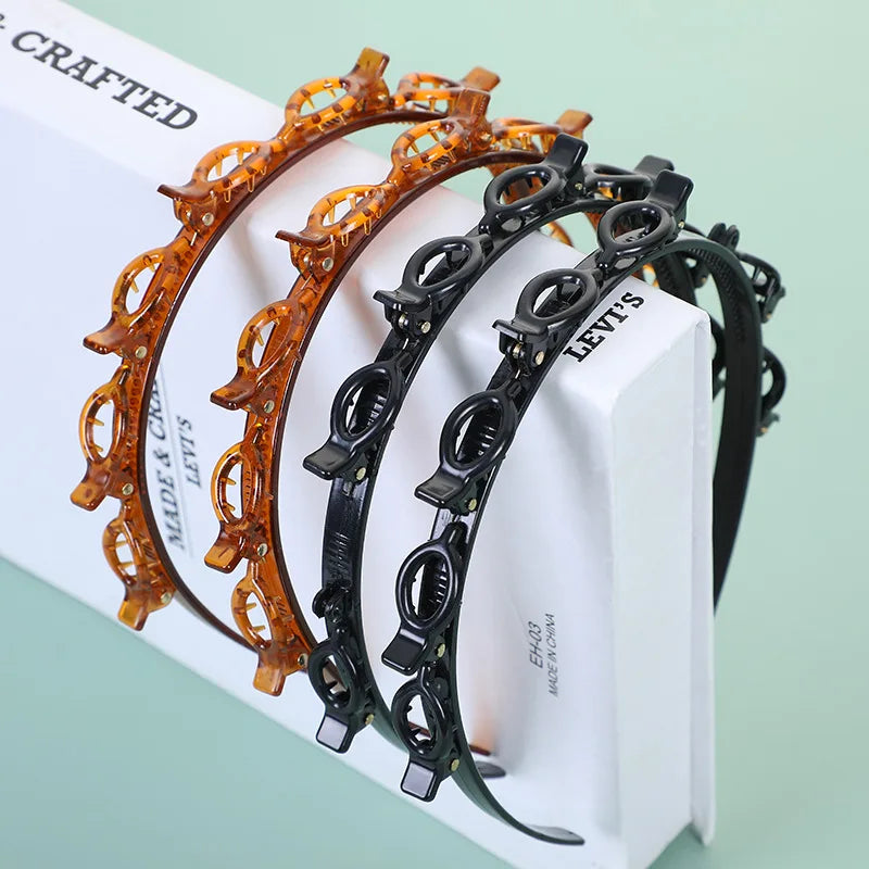 A set of multi-layer braided hair headband clips in various shades of brown and black displayed on a white box.