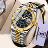 A silver and gold watch with a black dial and gold accents is displayed on a light background.