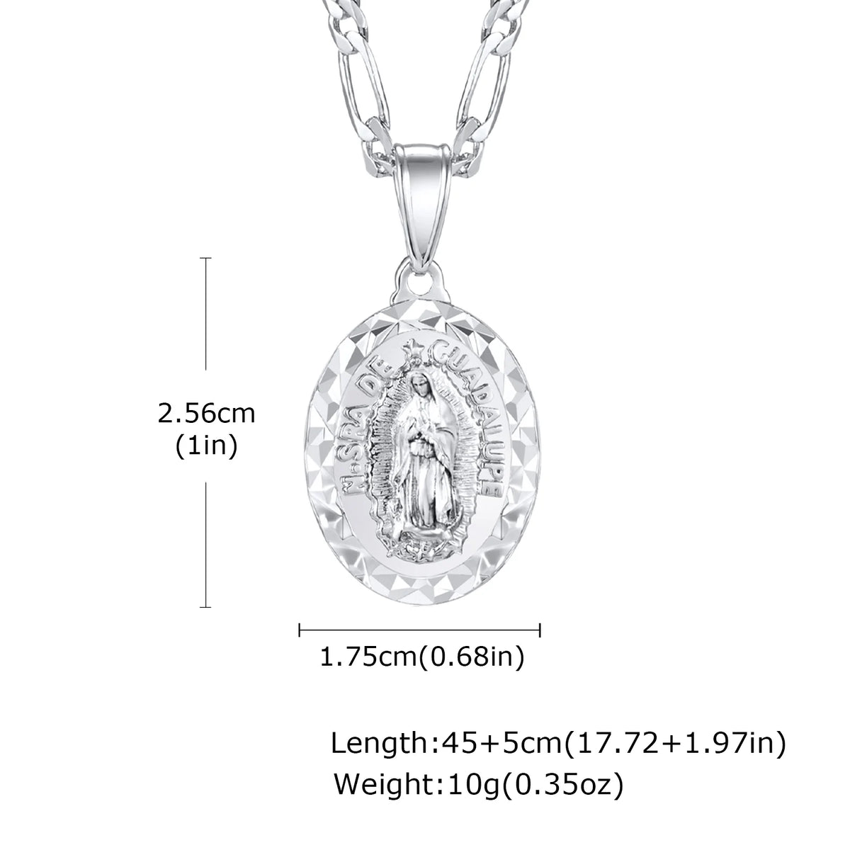 Silver pendant necklace featuring a depiction of the Virgin Mary prayer.
