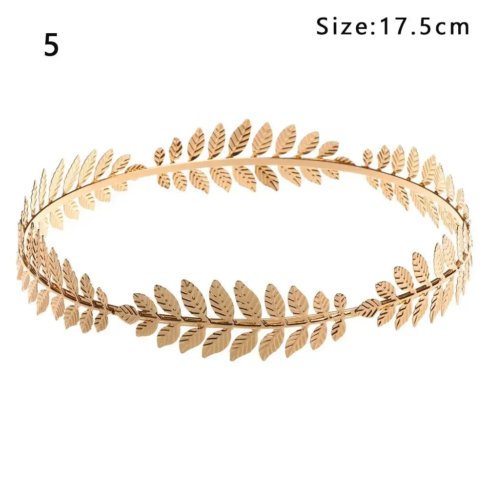 A gold leaf headband featuring olive or laurel leaves for bridal and party accessories.