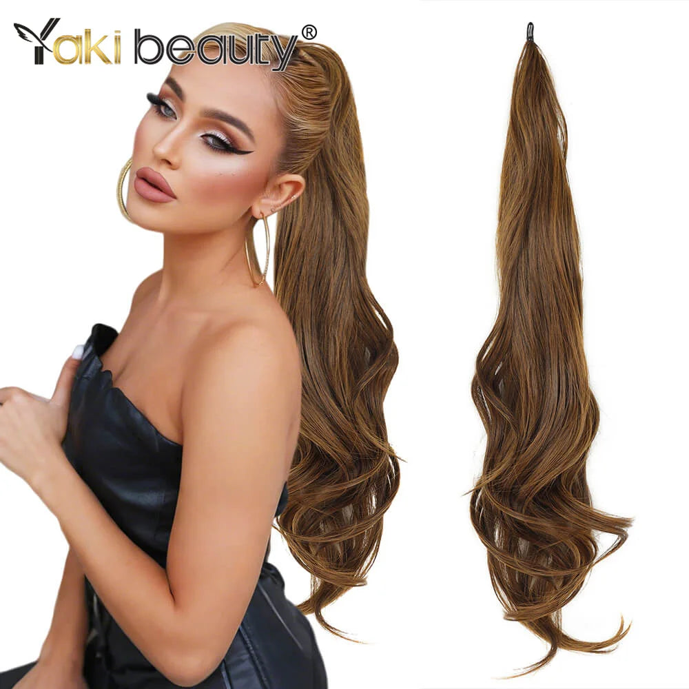 A model showcases long brown hair extensions styled in a ponytail, demonstrating the texture and length of the synthetic wrap
