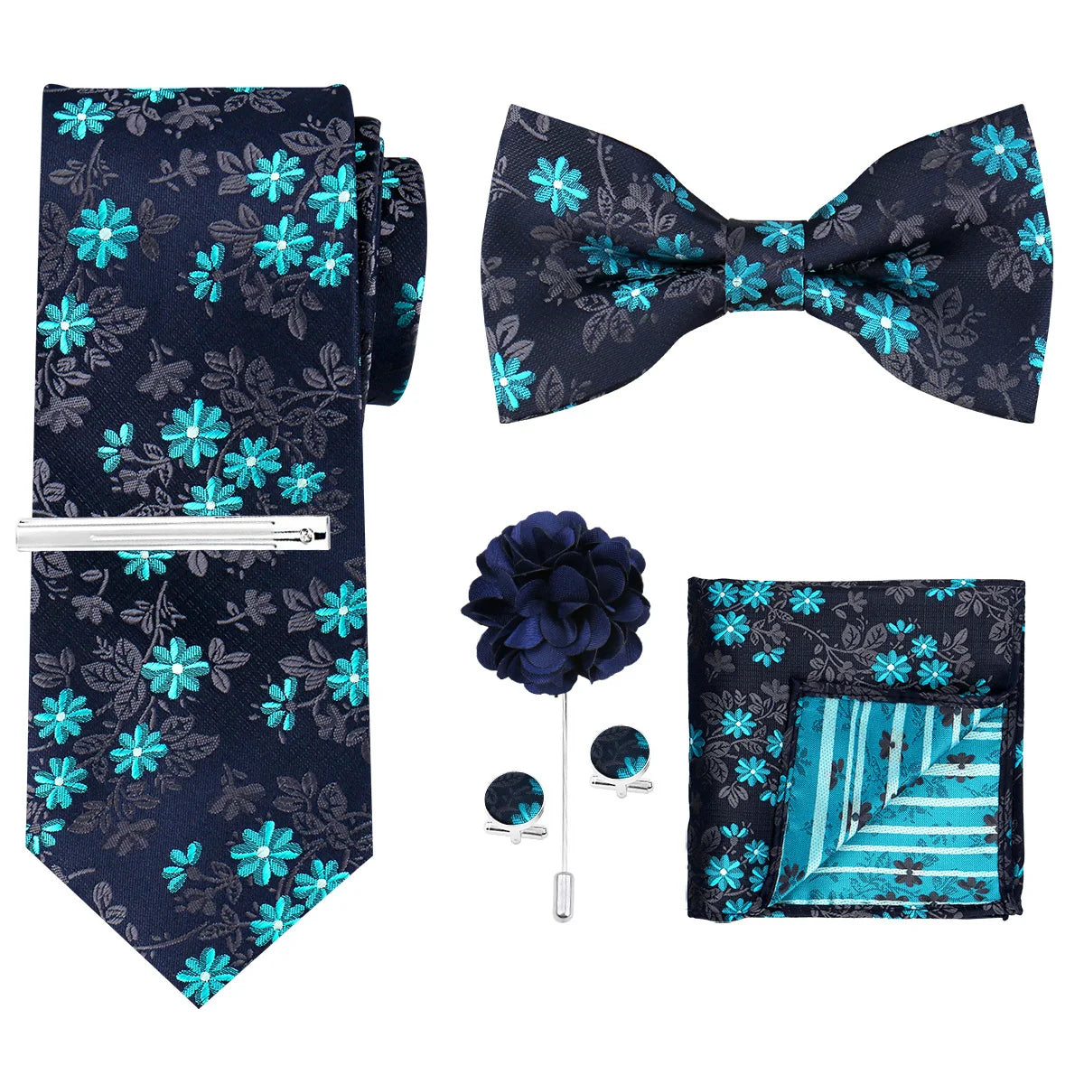 A navy blue men's formal tie and accessory set featuring a patterned tie, bow tie, and pocket square.