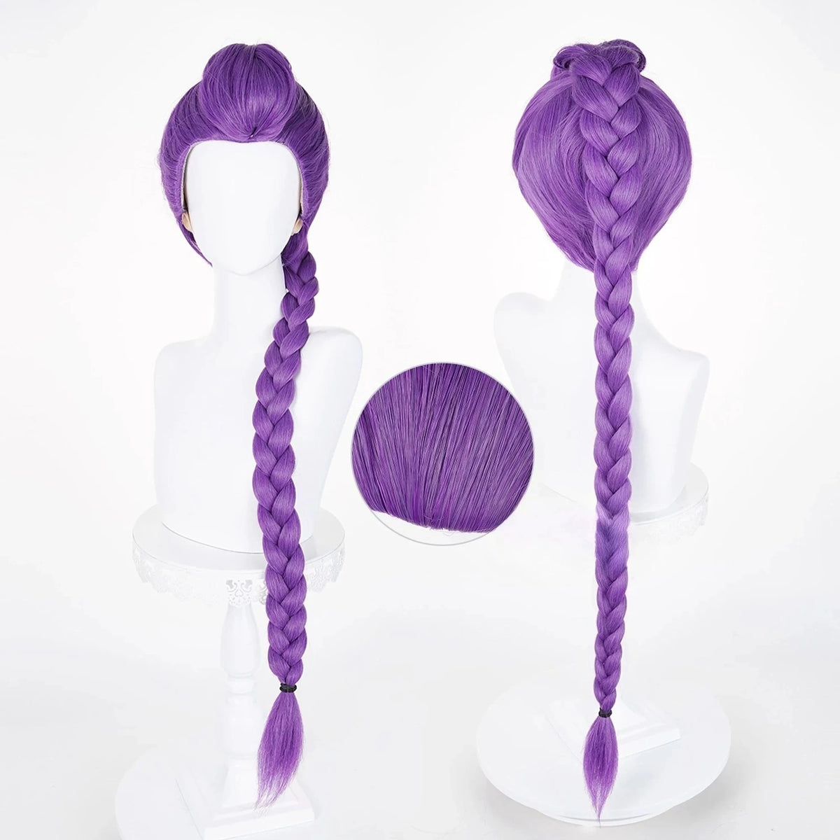 A display of long purple braided wigs, showing both the finished hair and the hair in a coiled form.
