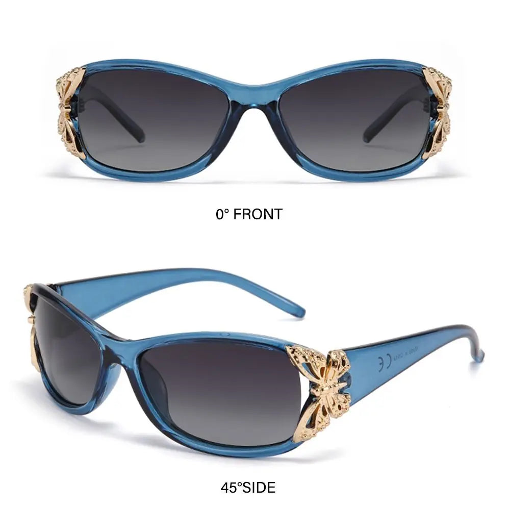 Vintage butterfly wrap sunglasses shown in 0 degree front and 45 degree side views