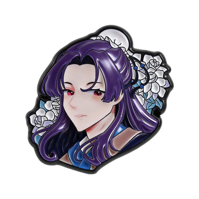 A lapel pin featuring a cute anime character with long purple hair and white floral accents.