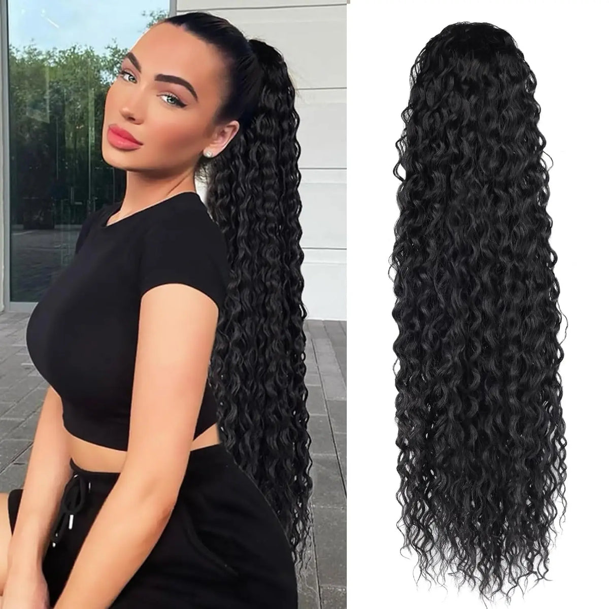 A woman models a 24-inch long curly wave drawstring ponytail hair extension.