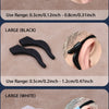 Three silicone ear grip hooks are shown in medium white, large black, and large white, with usage ranges provided.