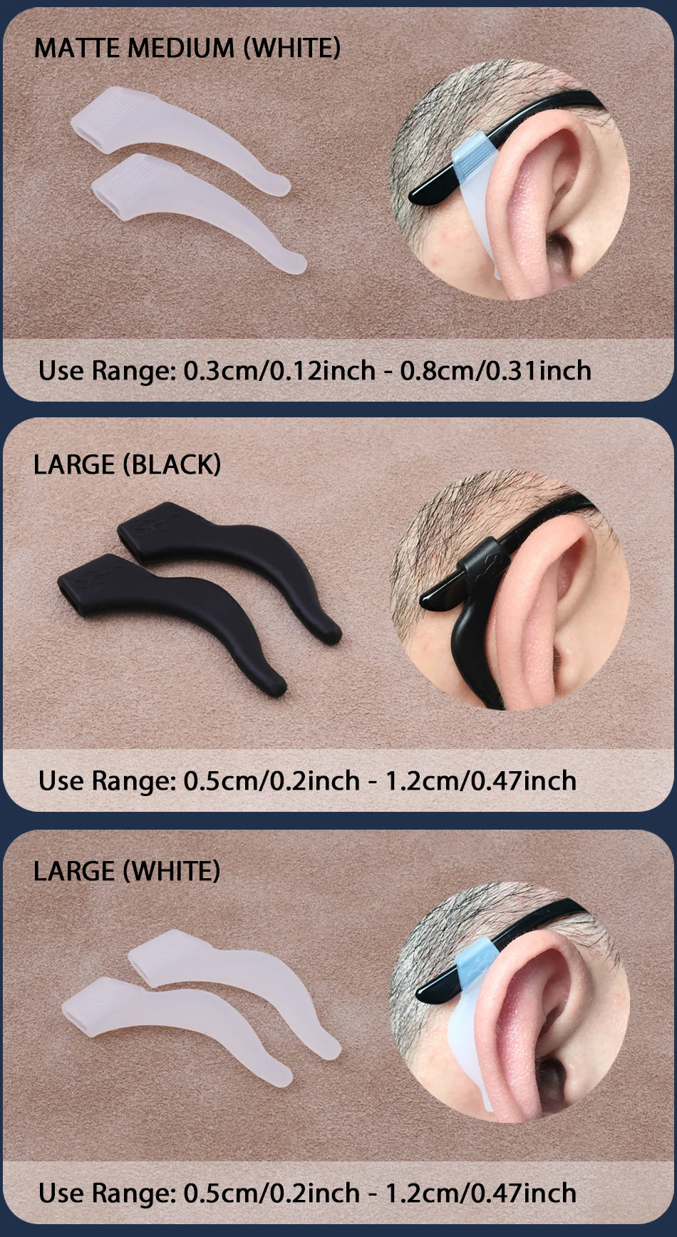 Three silicone ear grip hooks are shown in medium white, large black, and large white, with usage ranges provided.