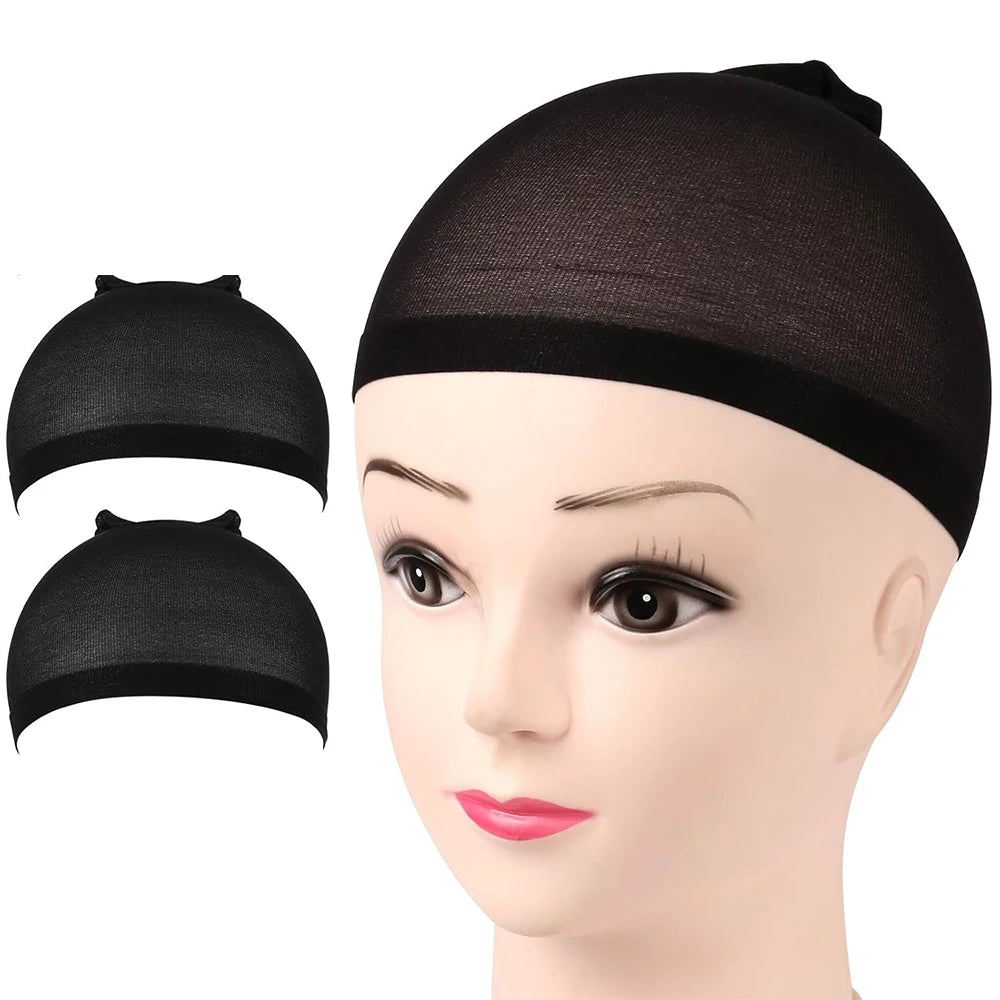 A pair of black nude wig caps shown on a mannequin head.