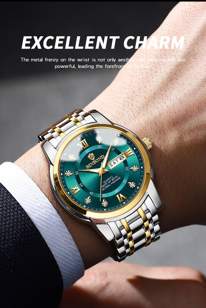 A close-up of a gold and silver quartz watch with a green dial and luminous hands worn on a wrist.