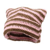 A knitted beanie hat featuring horizontal stripes of pink and brown yarn.